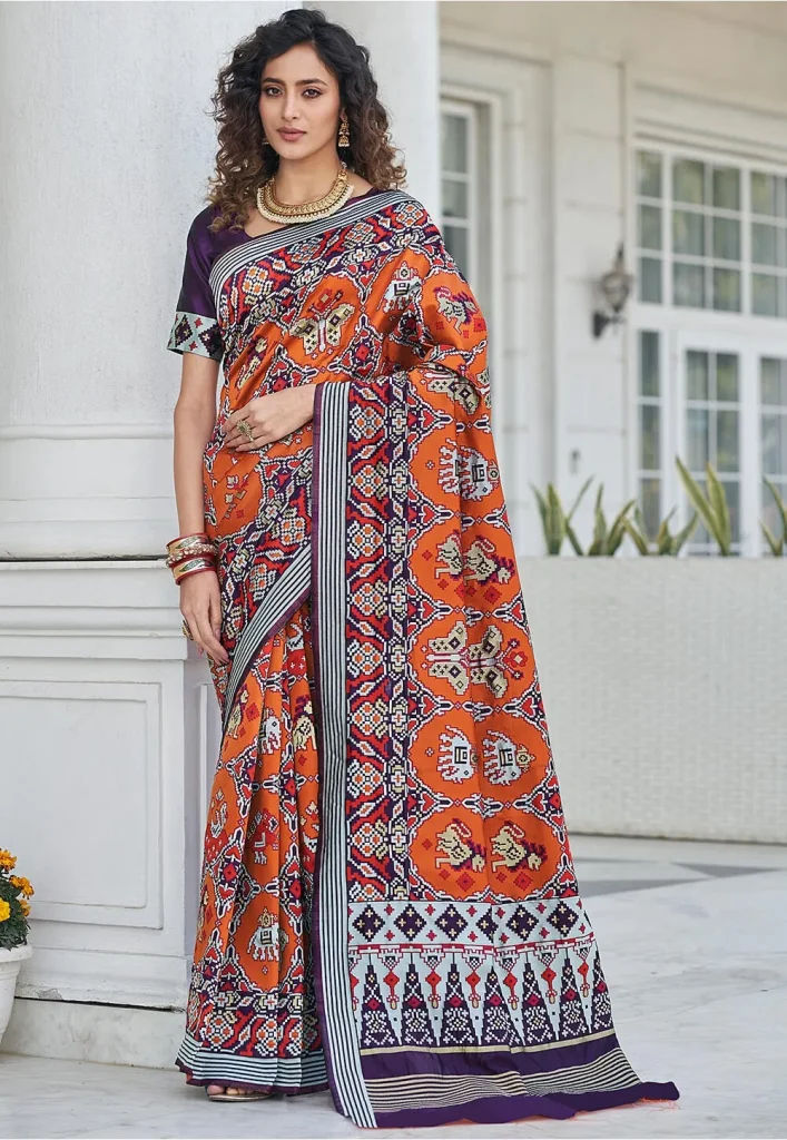 Patola Printed Art Silk Saree in Orange