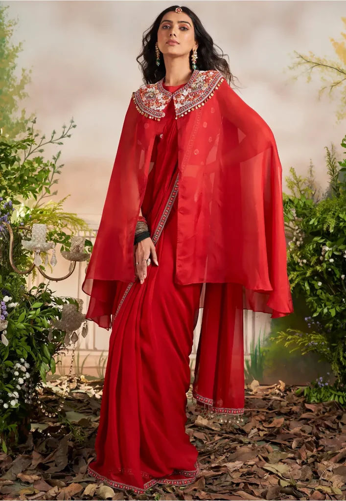 Pre Stitched Georgette Saree in Red