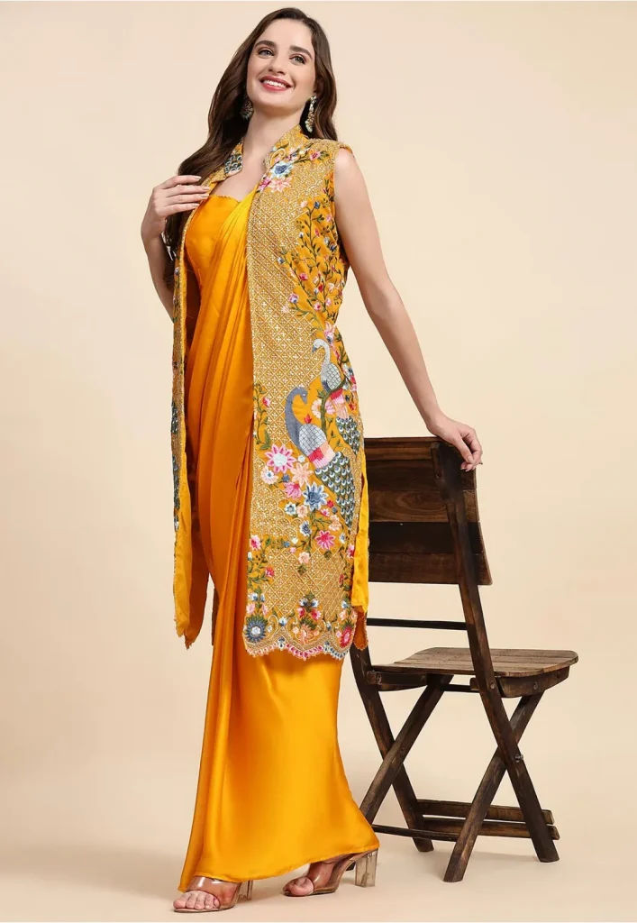 Pre Stitched Satin Saree in Yellow