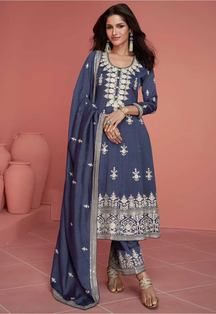 Embroidered Art Silk Anarkali Suit in Blue