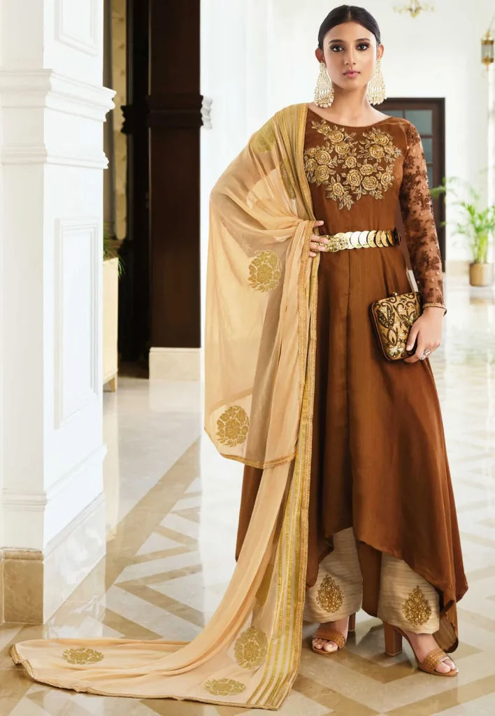 Embroidered Art Silk Asymmetric Pakistani Suit in Brown