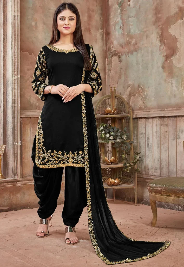 Embroidered Art Silk Punjabi Suit in Black