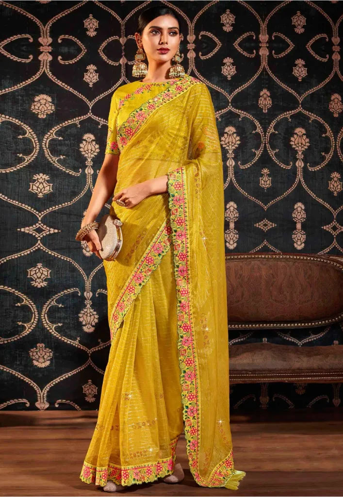 Embroidered Art Silk Saree in Mustard