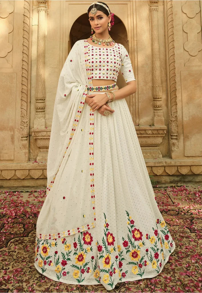 Embroidered Georgette Lehenga in Off White