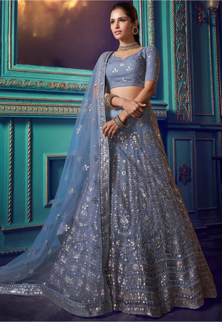 Embroidered Net Lehenga in Dusty Blue