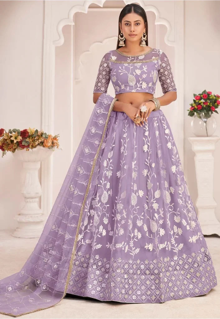 Embroidered Net Lehenga in Light Purple