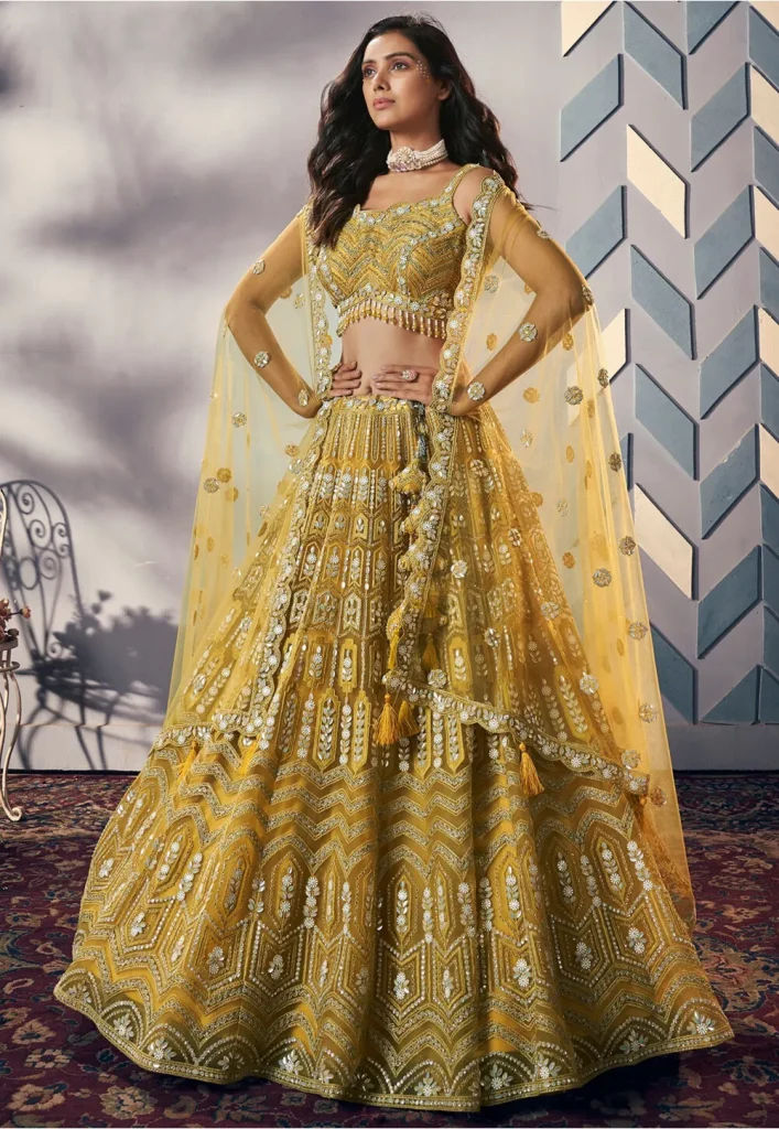 Embroidered Net Lehenga in Mustard