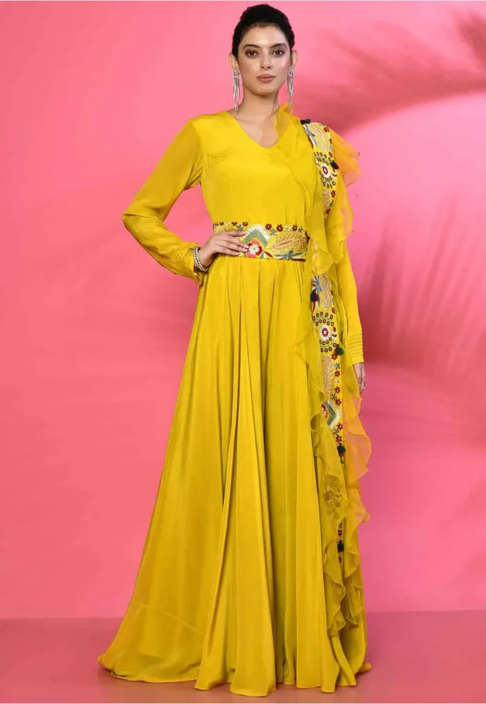 Embroidered Pure Georgette Jumpsuit in Yellow