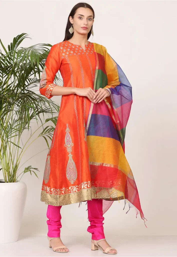 Foil Printed Art Silk Anarkali Suit in Orange