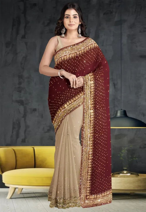 Half N Half Georgette Saree in Maroon and Beige