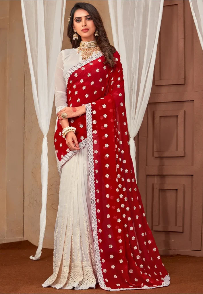 Half N Half Georgette Saree in Red and White