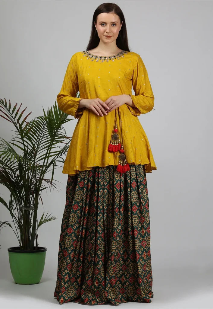 Hand Embroidered Dupion Silk A Line Kurti Set in Mustard