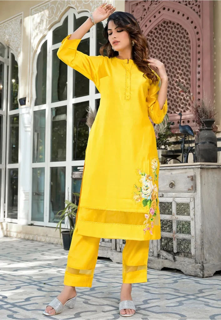Printed Pure Silk Pakistani Suit in Yellow