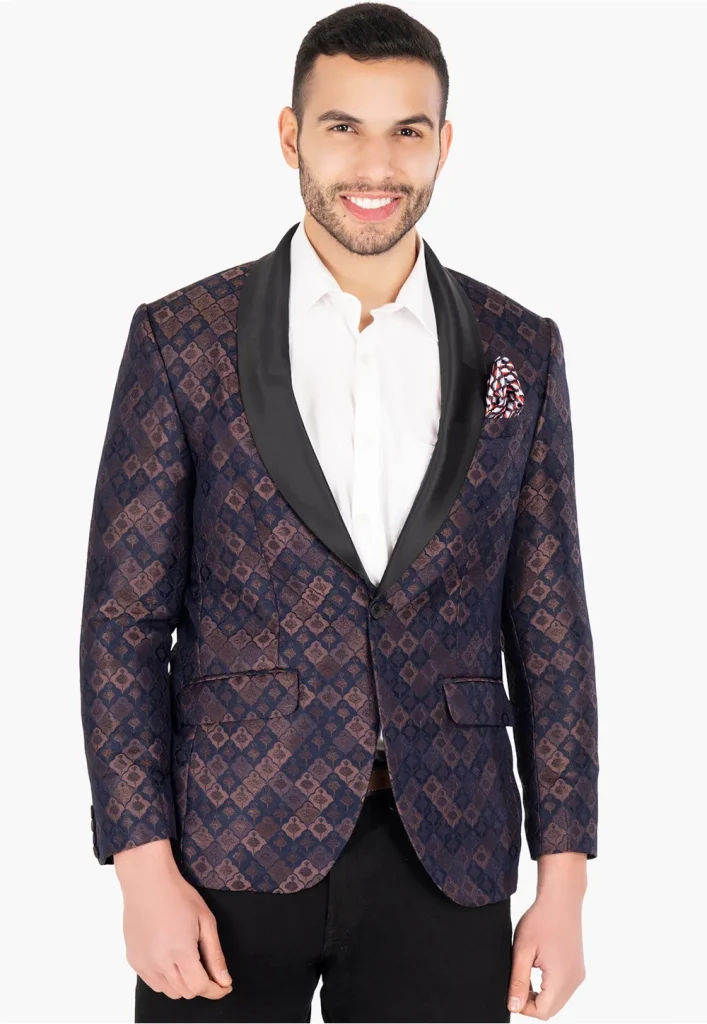 Woven Art Silk Jacquard Blazer in Navy Blue and Pink