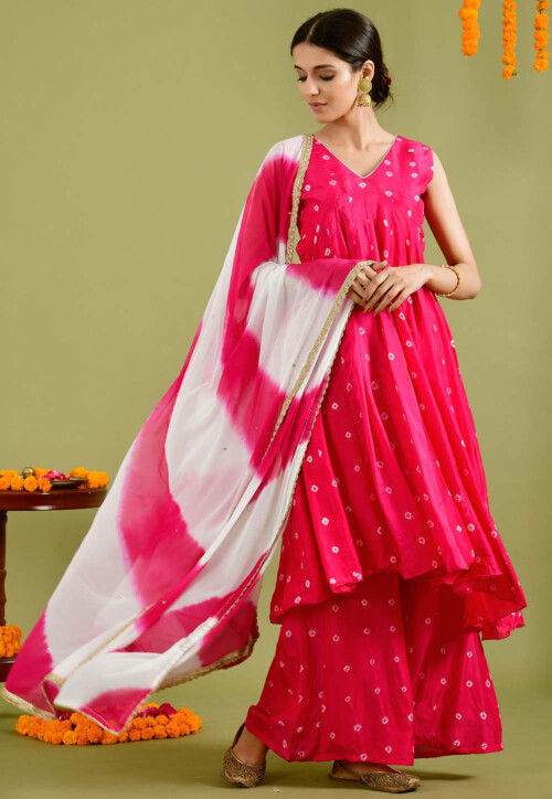 Bandhej Printed Muslin Silk A Line Suit