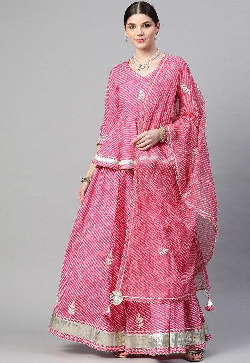 Leheriya Printed Cotton Lehenga in Pink and Off White