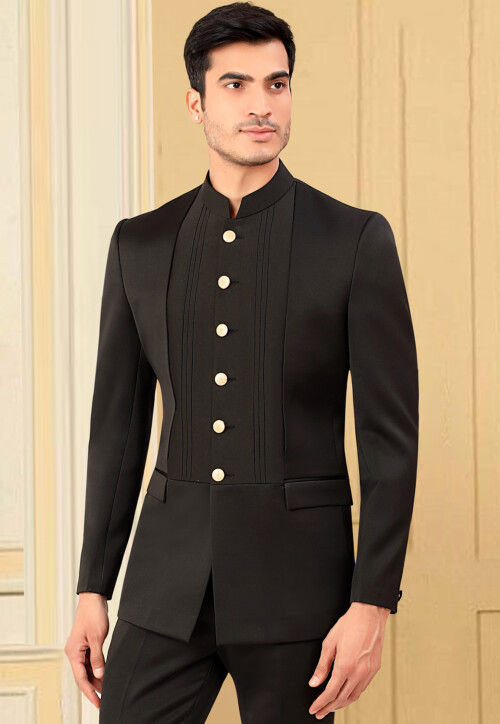 Solid Color Terry Rayon Jodhpuri Jacket in Black