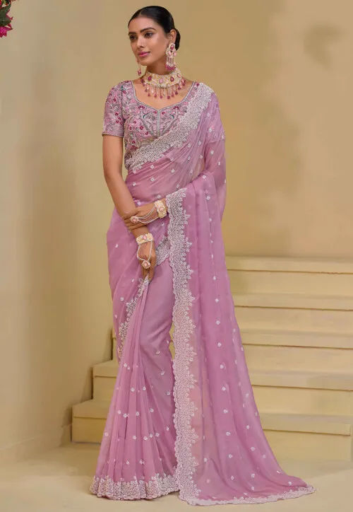 Embroidered Art Silk Saree in Pink for Diwali Celebration