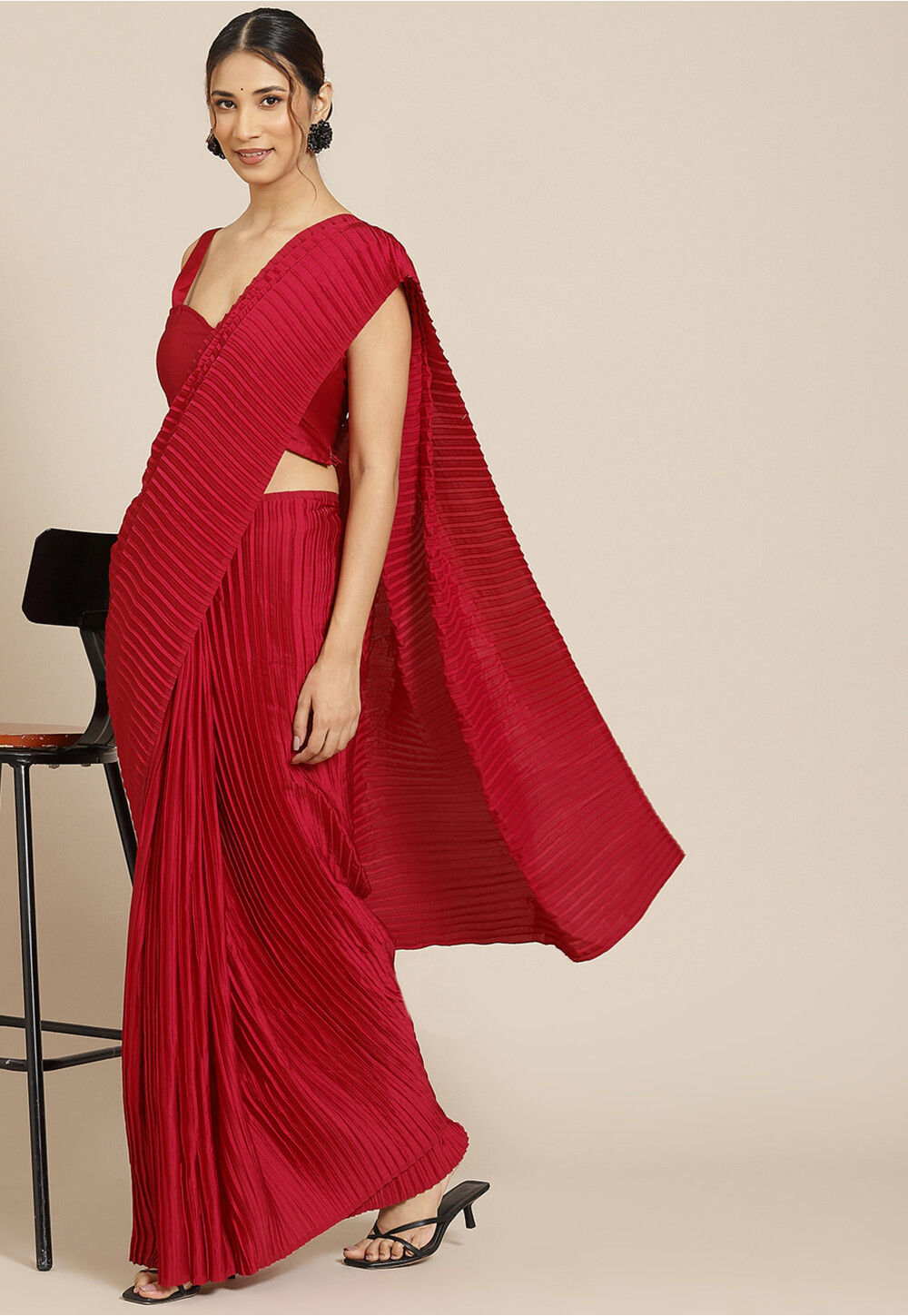 Buy Accordion Pleated Polyester Saree in Maroon Online SGFA101