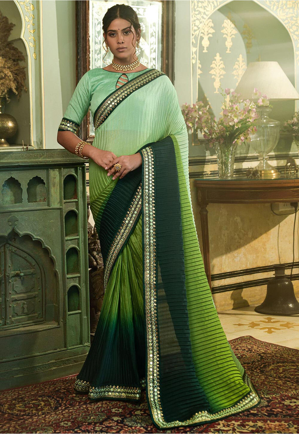 buy-accordion-pleated-polyester-saree-in-shaded-sea-green-and-green