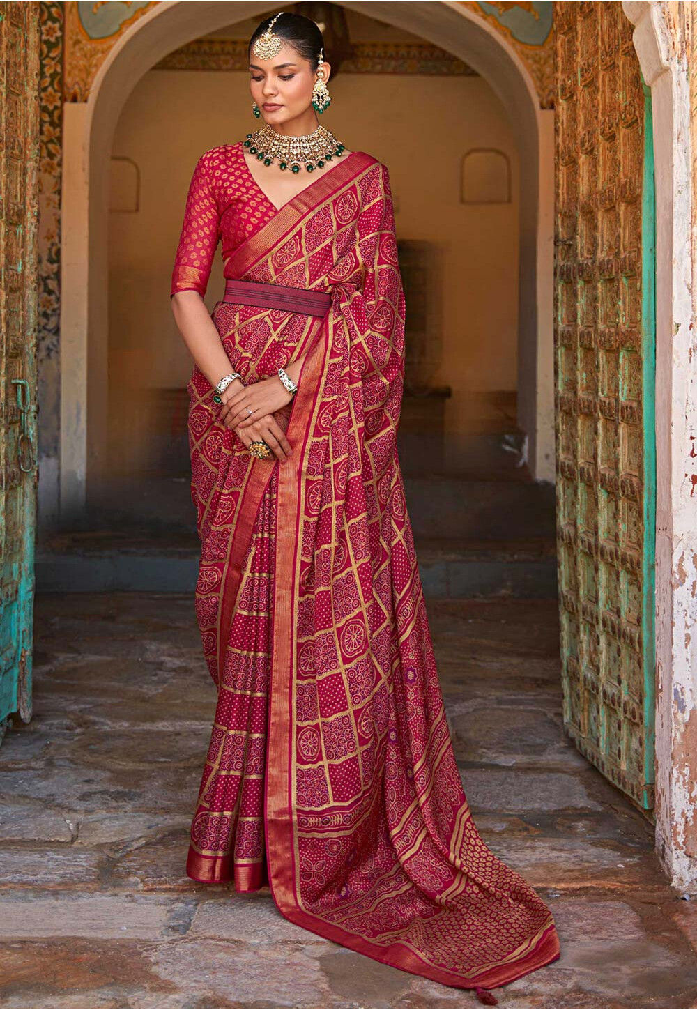 Buy KISHORI Ajrak Print Geometric Pattern Chanderi Silk Saree with  Unstitched Blouse - Multi-Color online