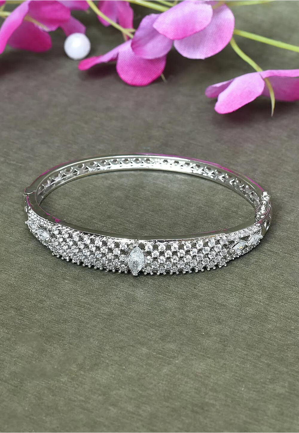 Vintage Sterling Silver Diamond Studded Hinged Cuff Bracelet – Home Again  Vintage