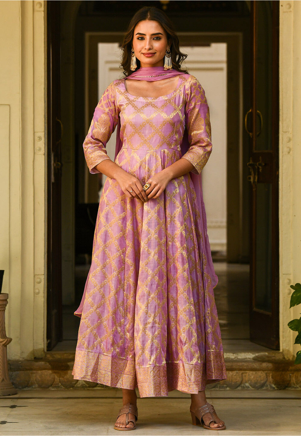 open lace back dress Purple Banarasi Silk Party Wear Dress main image 1