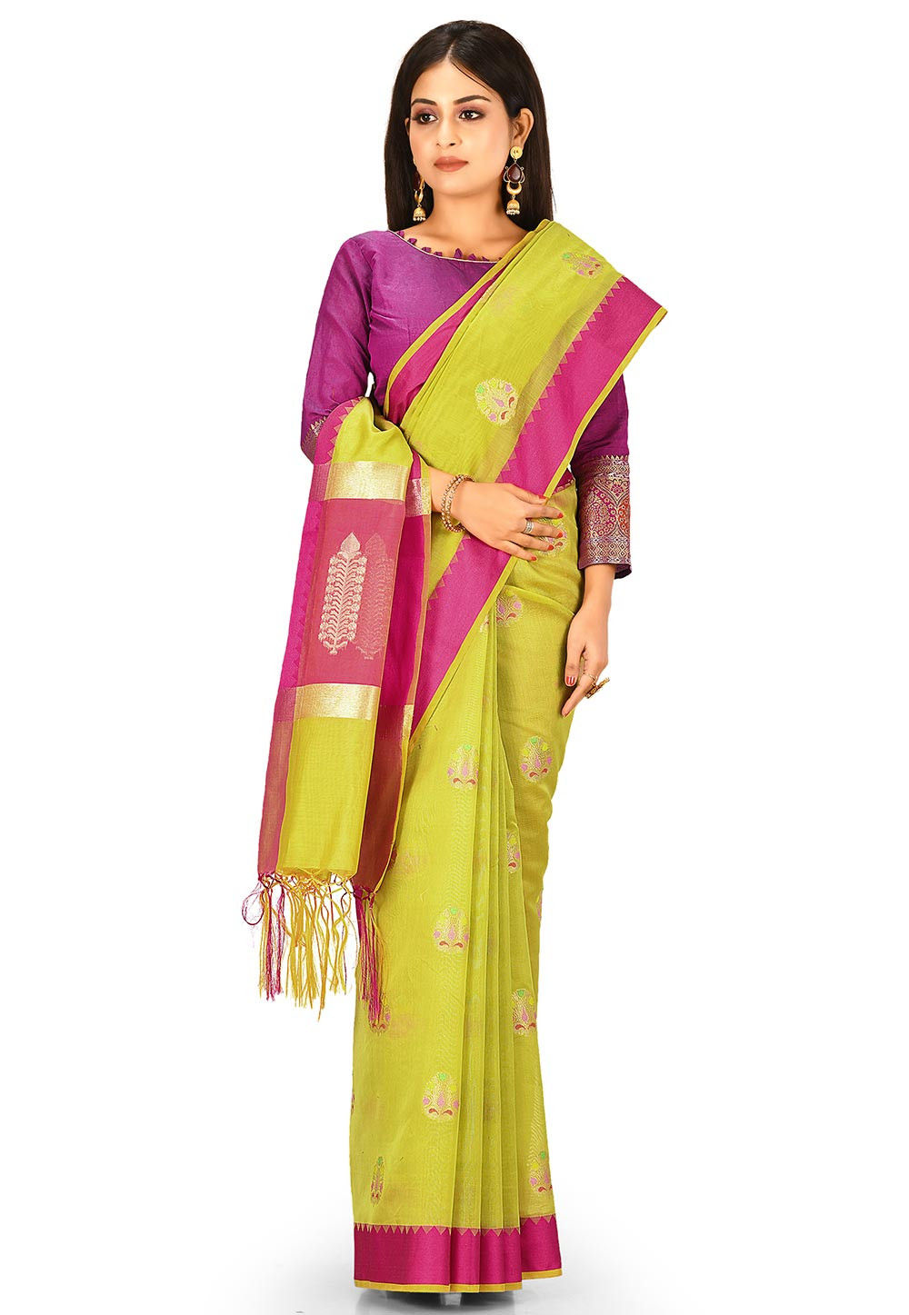 Bollywood Saree Indian Sari Ethnic Lime Green Woven Nylon Silk 28810