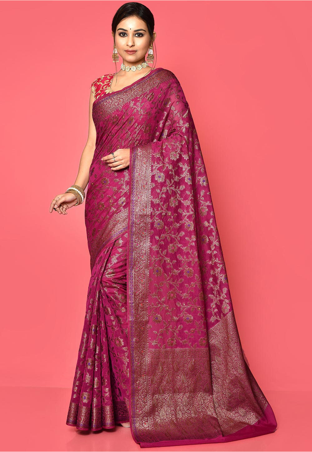 Banarasi Georgette Silk Saree In Magenta Shl93