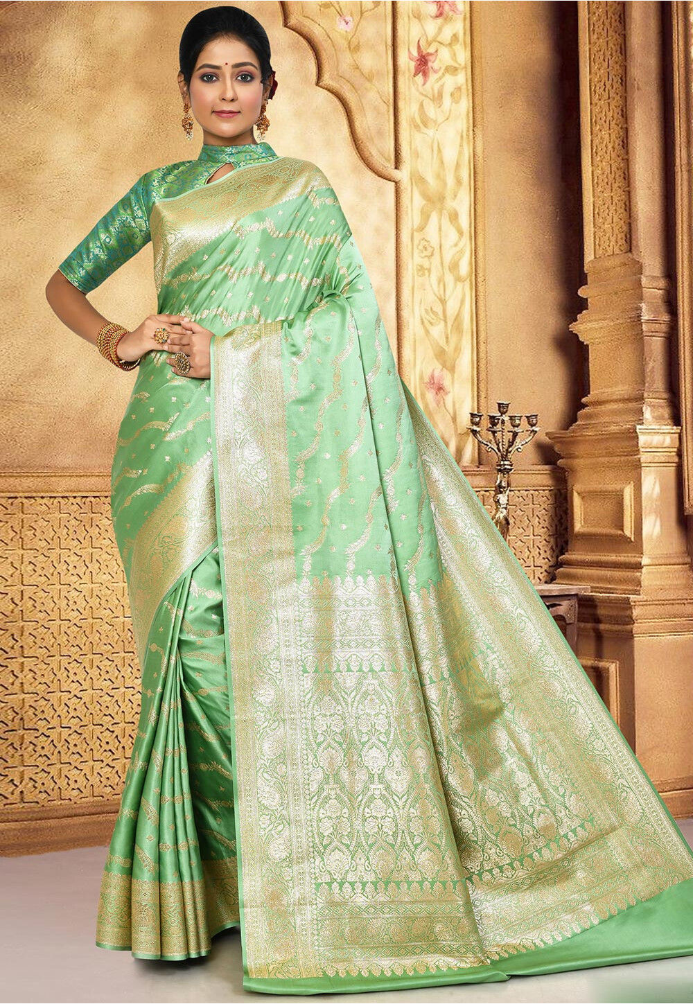 Forest Green Banarasi Silk Saree With Designer Blouse