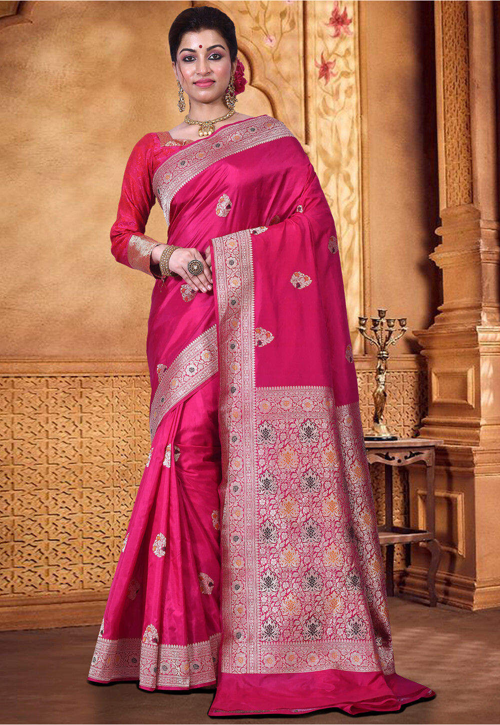Banarasi Pure Katan Silk Handloom Saree In Fuchsia