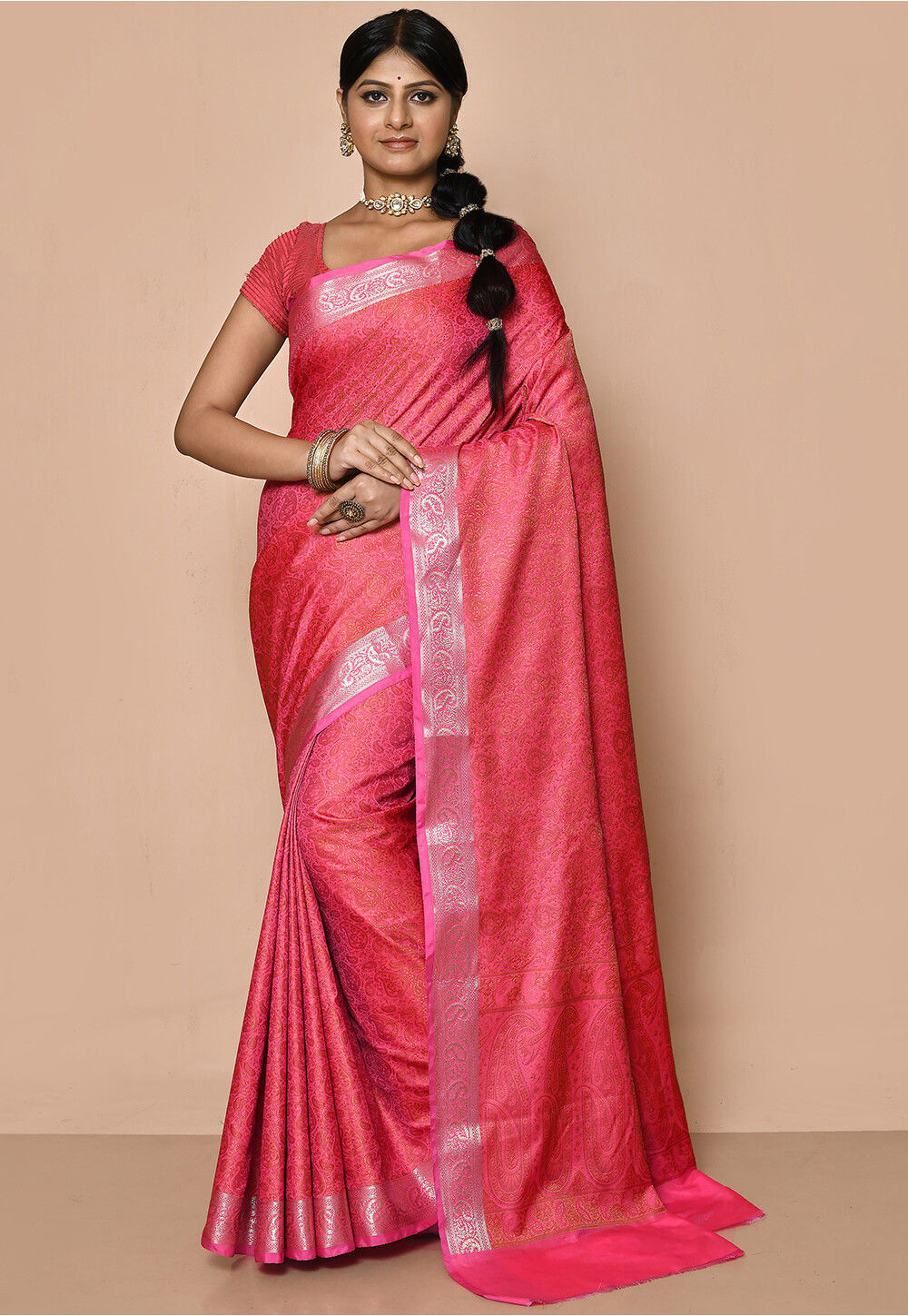 Buy Coral Pink Floral Patterned Saree Online in Australia @Mohey - Saree  for Women