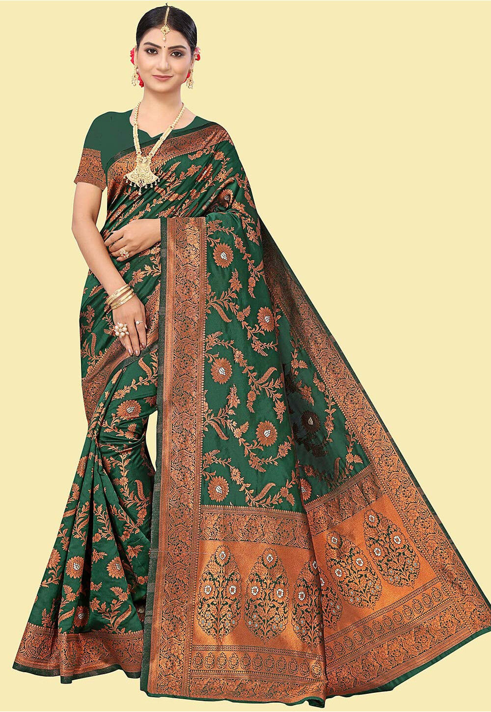 Solid Color Satin Silk Saree in Teal Green