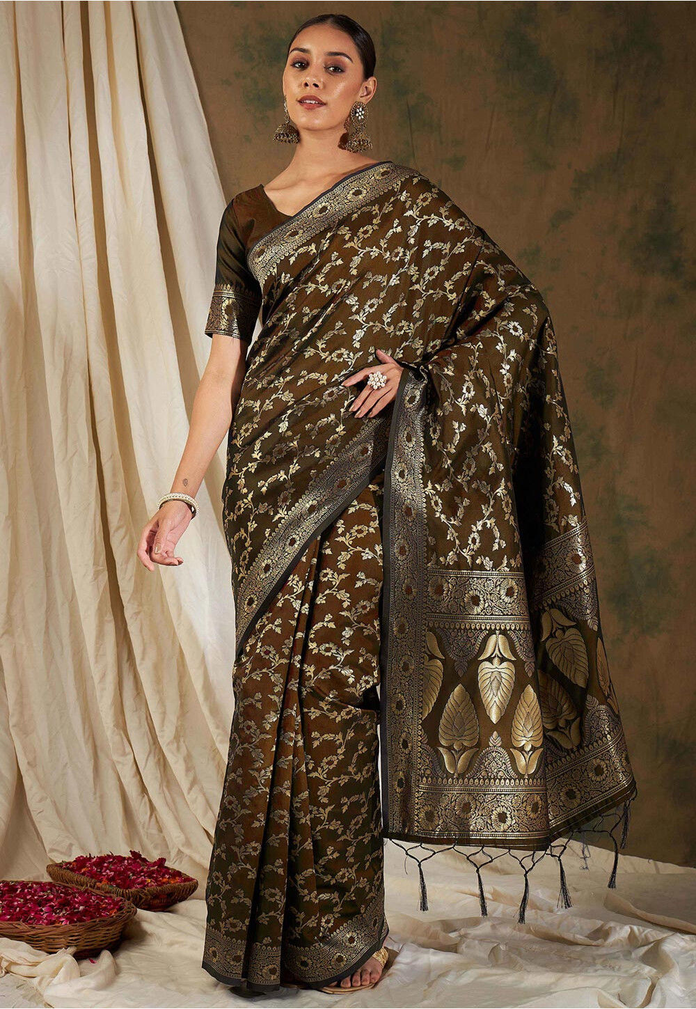 Vistavelle Olive Green Digital Cluster Print Saree with Banarasi Border main image 0