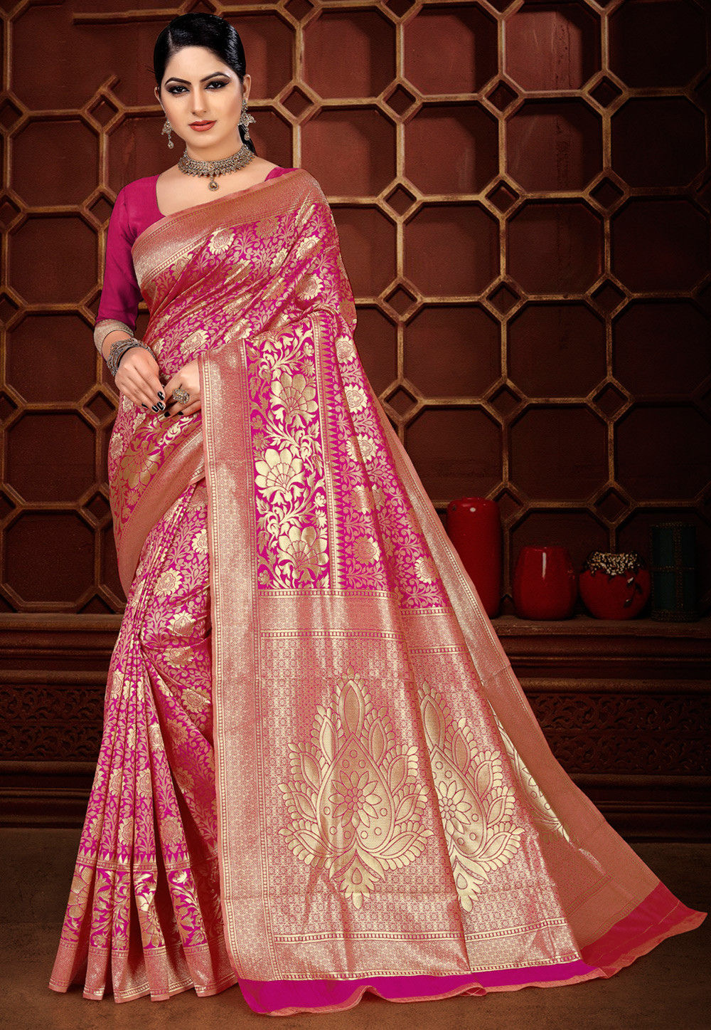 Wine woven raw silk saree with blouse - VISHNU WEAVES - 3747209