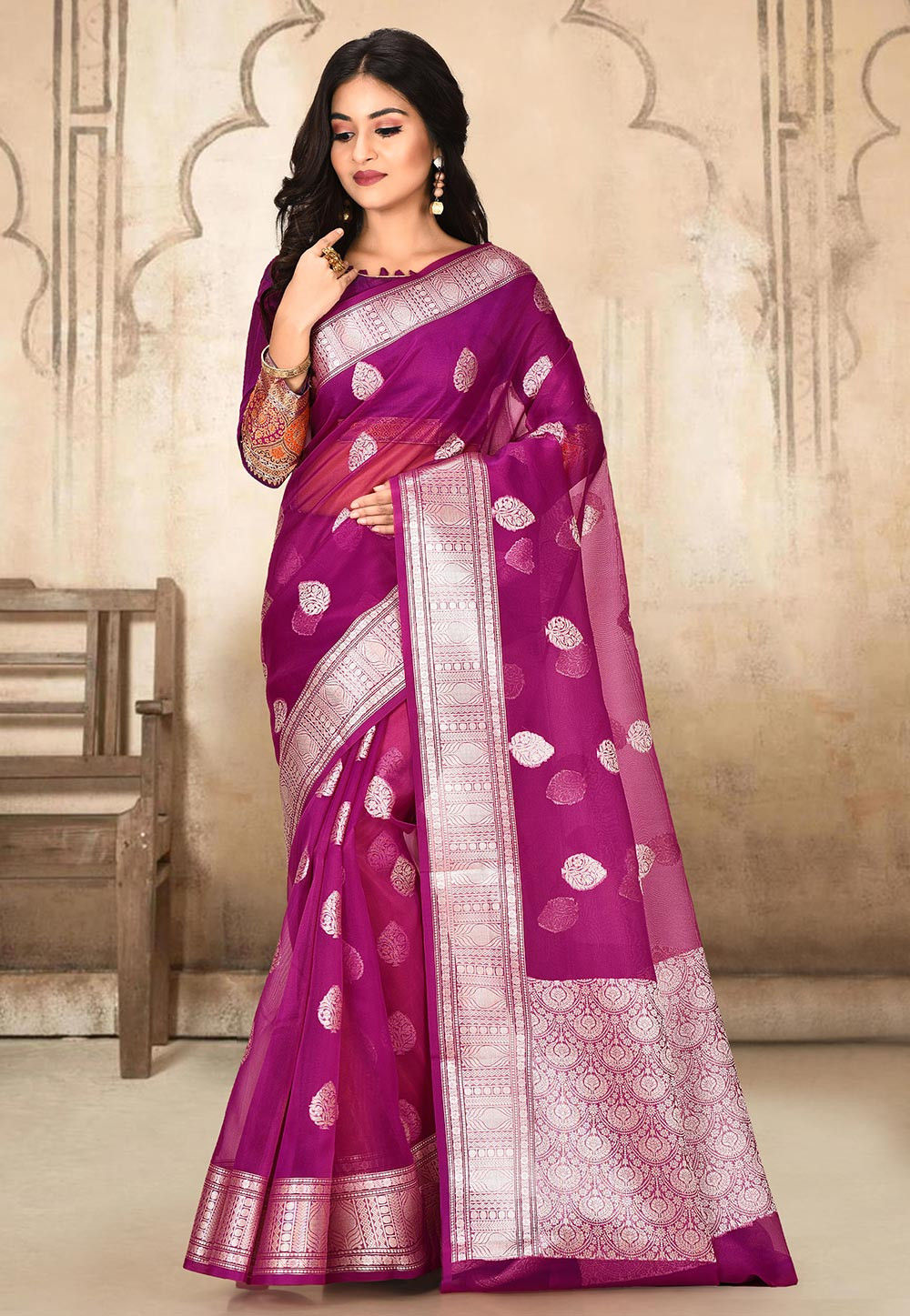 EKKTARA Saree For Women Golden Magenta Colour Banarasi Silk Zari Saree –  Ekktara