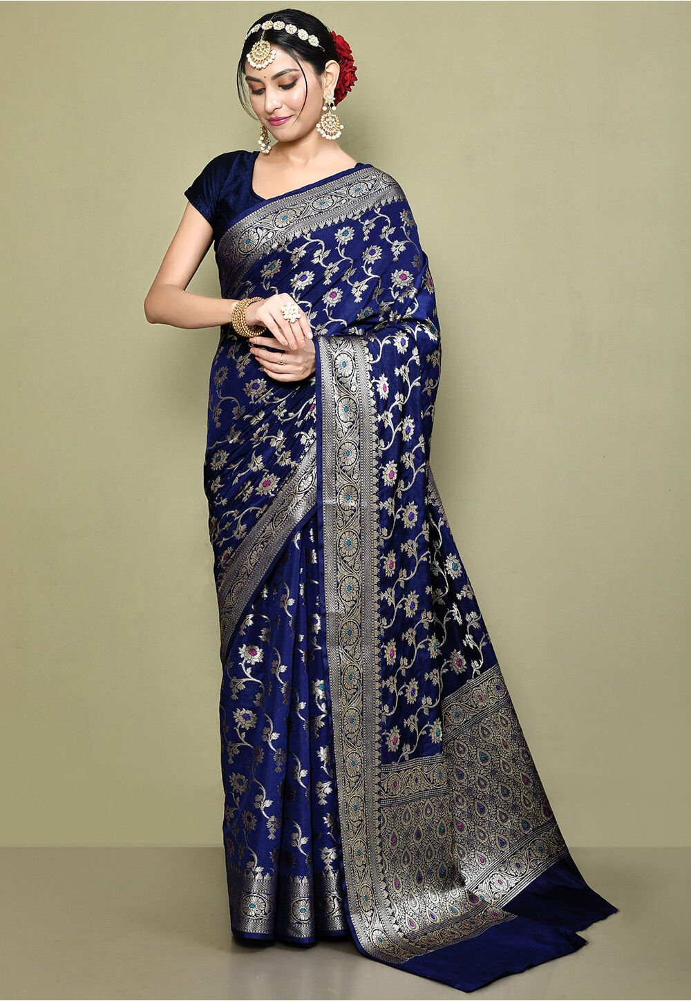 Midnight Blue Paithani Shikargah Katan Silk Handloom Banarasi Saree -  Sacred Weaves