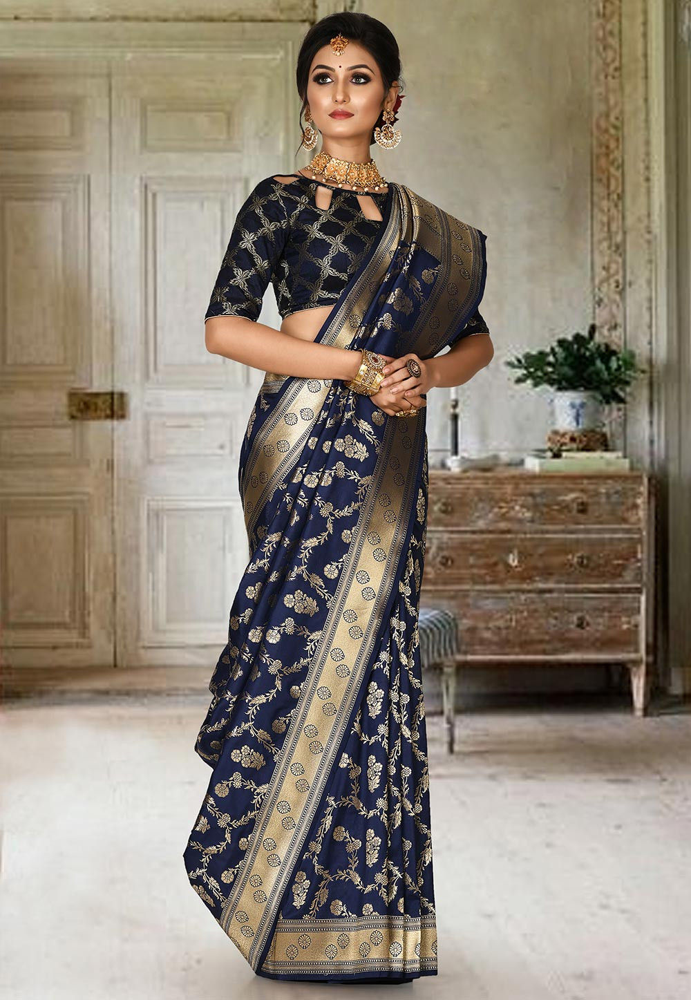 Buy online Dark Blue Silk Blend Banarasi Saree With Blouse from ethnic wear  for Women by Jinal & Jinal for ₹1999 at 54% off | 2024 Limeroad.com