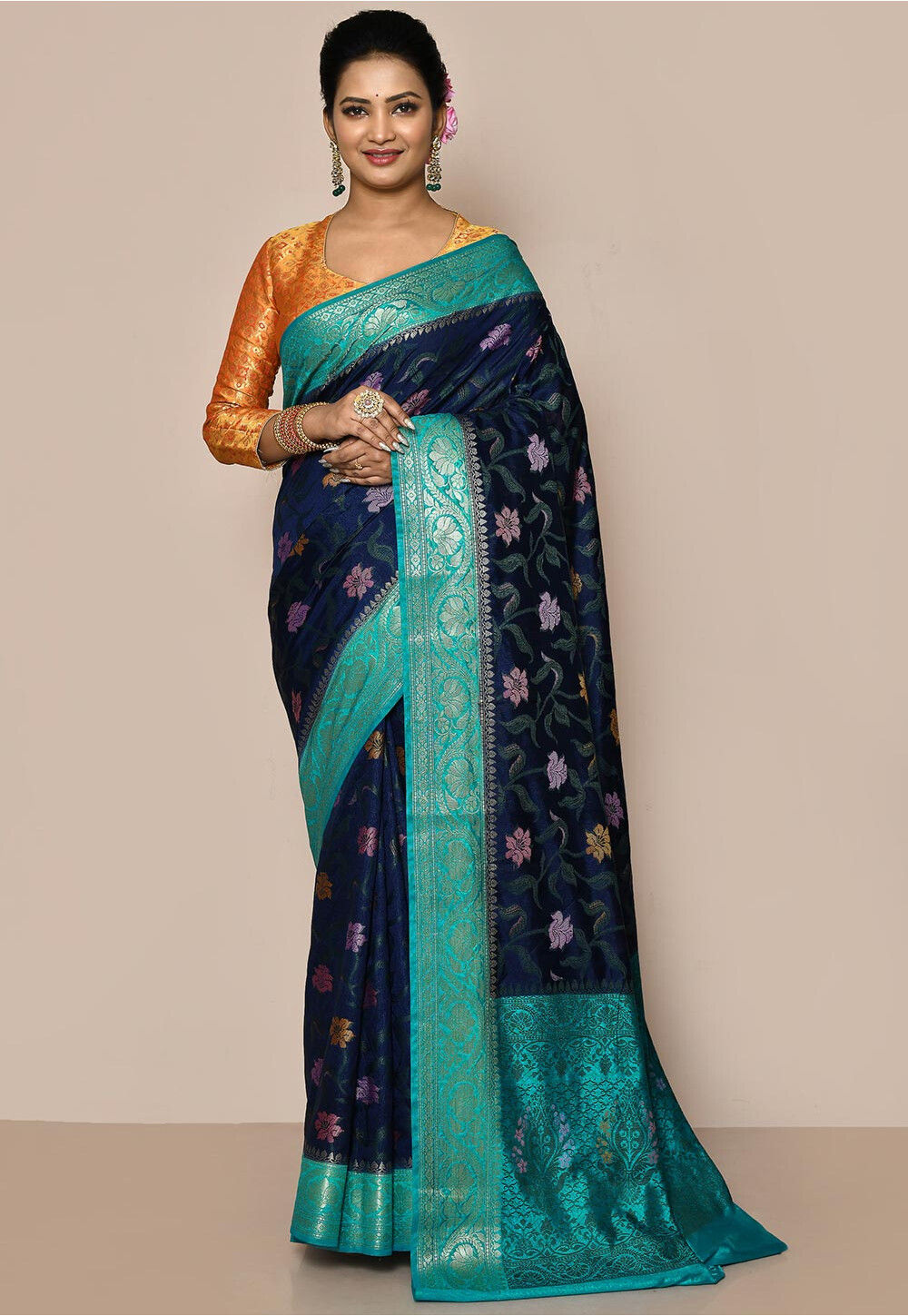 Buy online Peacock Blue And Gold Lotus Patterned Banarasi Saree from ethnic  wear for Women by Banarasi Style for ₹9029 at 0% off | 2024 Limeroad.com