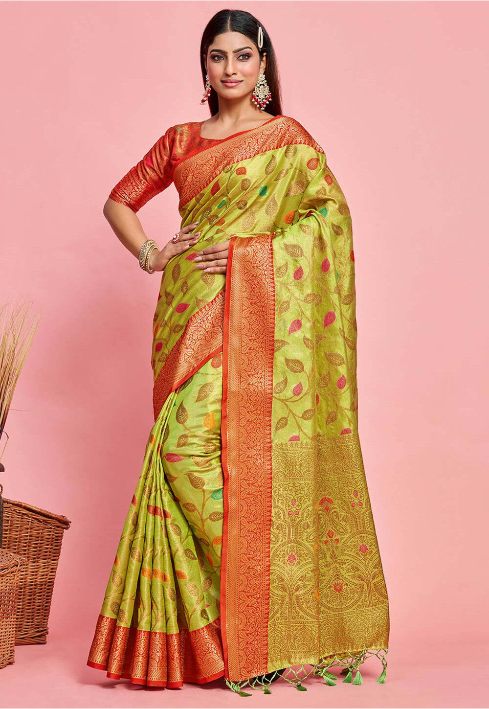 Vistavelle Olive Green Fancy Modal Banarasi Jari Saree with Zhallar main image 1
