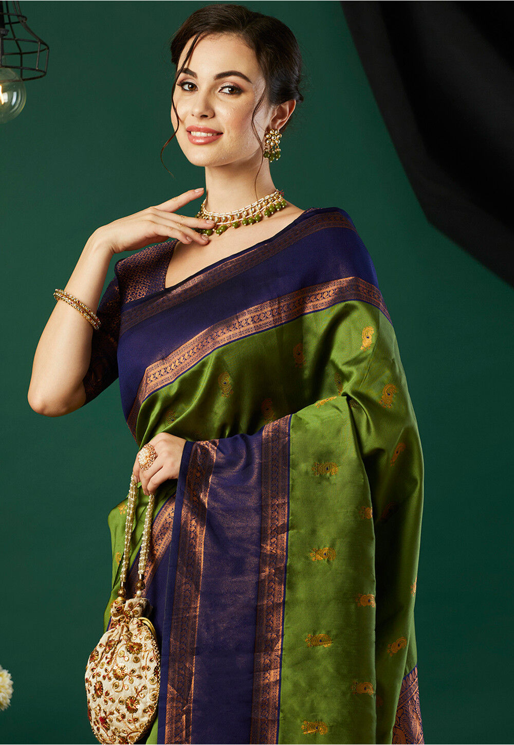 Vistavelle Olive Green Fancy Modal Banarasi Jari Saree with Zhallar