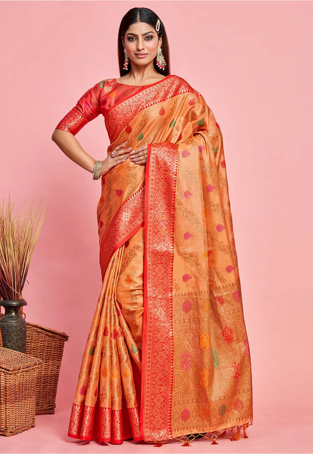 Handloom Bright Peach Banarasi Saree With All Over Mughal Booti Design –  WeaverStory