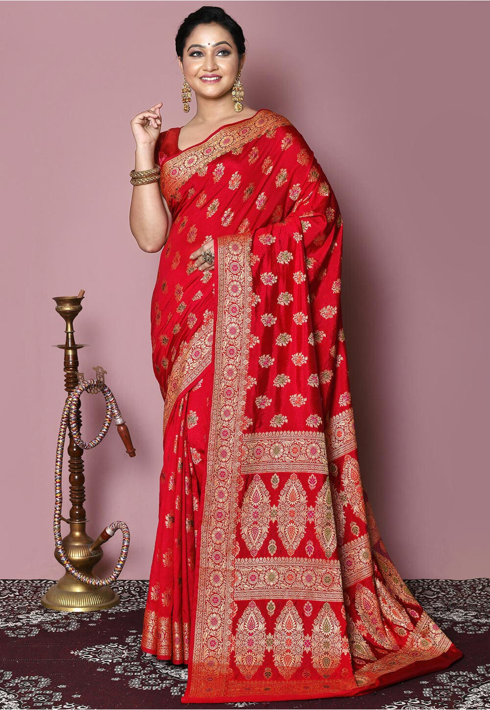 Anuza Red Banarasi Saree – Pratibha Sarees