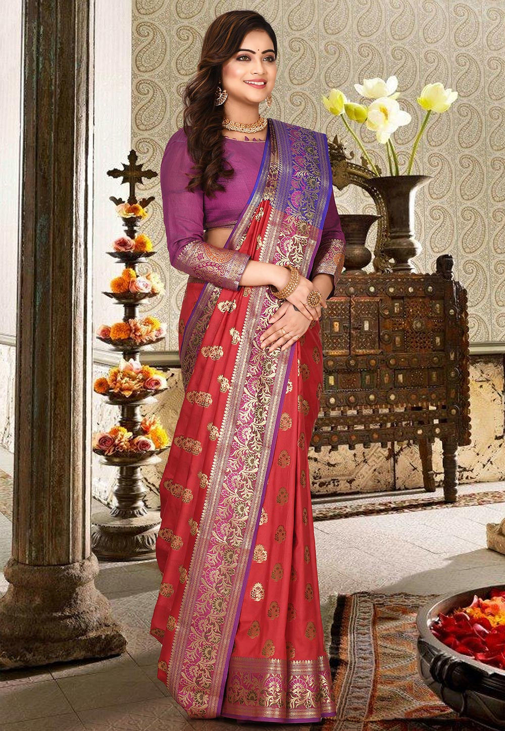 Modern Banarasi Saree Design Red Colour