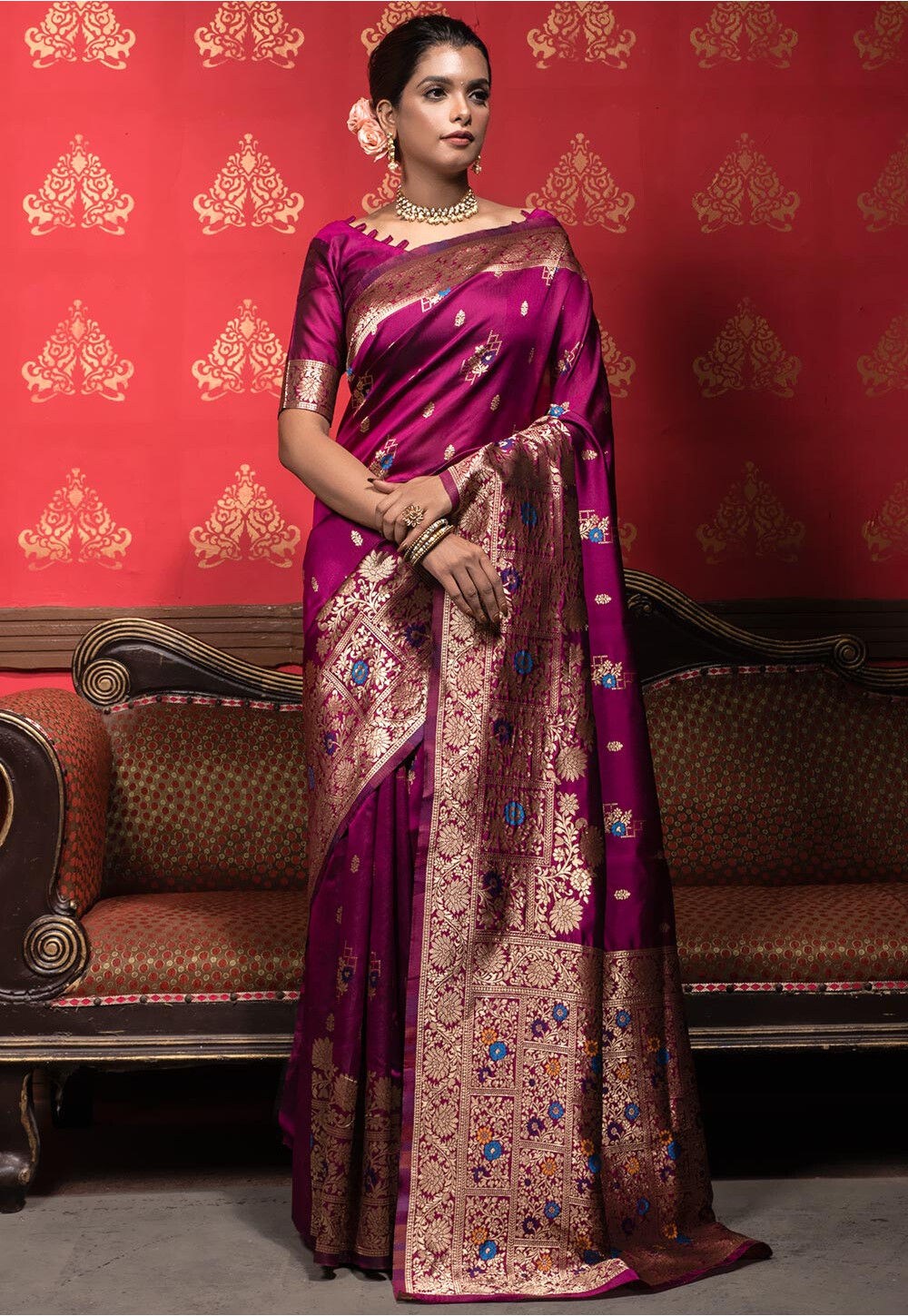 Silk Mark Certified Tussar Banarasi Silk Saree in Wine and Red