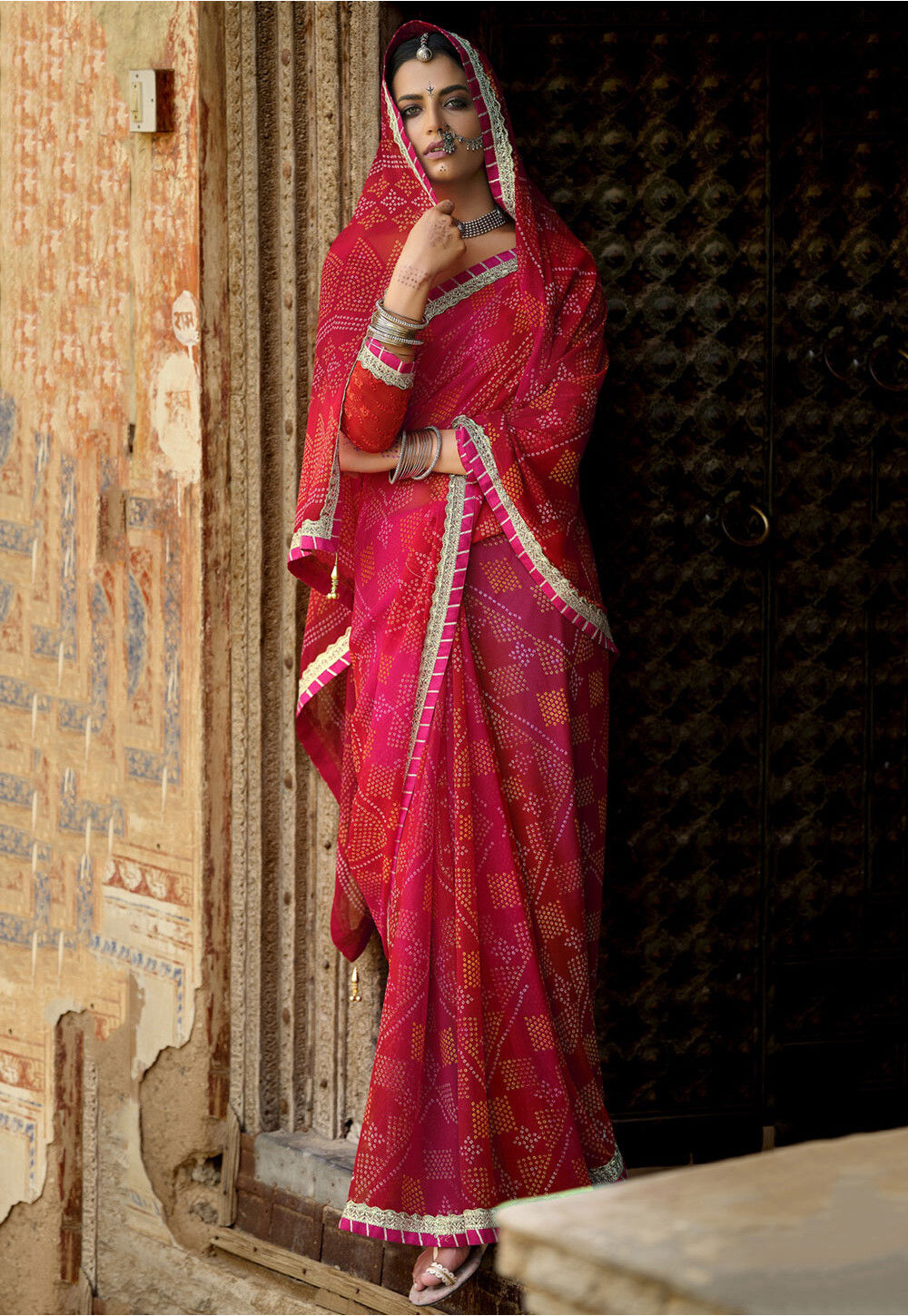 SERONA FABRICS Women's Gerogette Heavy Embroidery Designer Kutchi Work  Bandhani Party Wear Saree