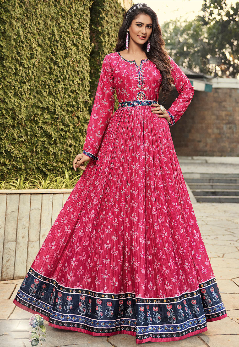 Buy Bandhej Printed Art Silk Flared Gown in Pink Online : TKR100 ...