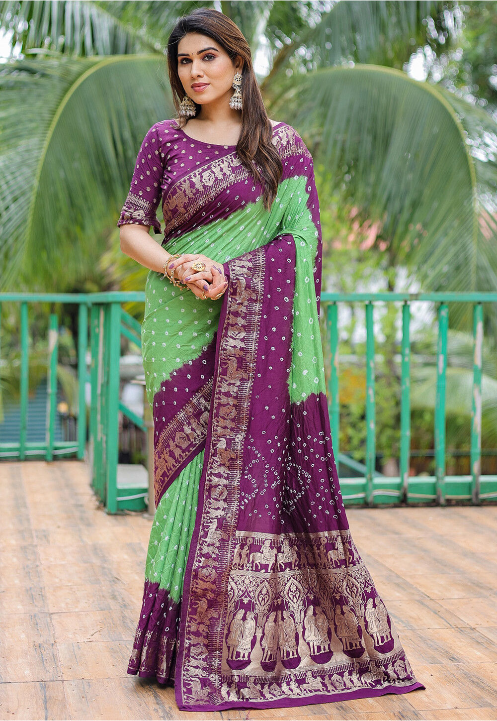 Buy Yavira Silk Green & Pink Woven Saree With Unstitched Blouse for Women  Online @ Tata CLiQ