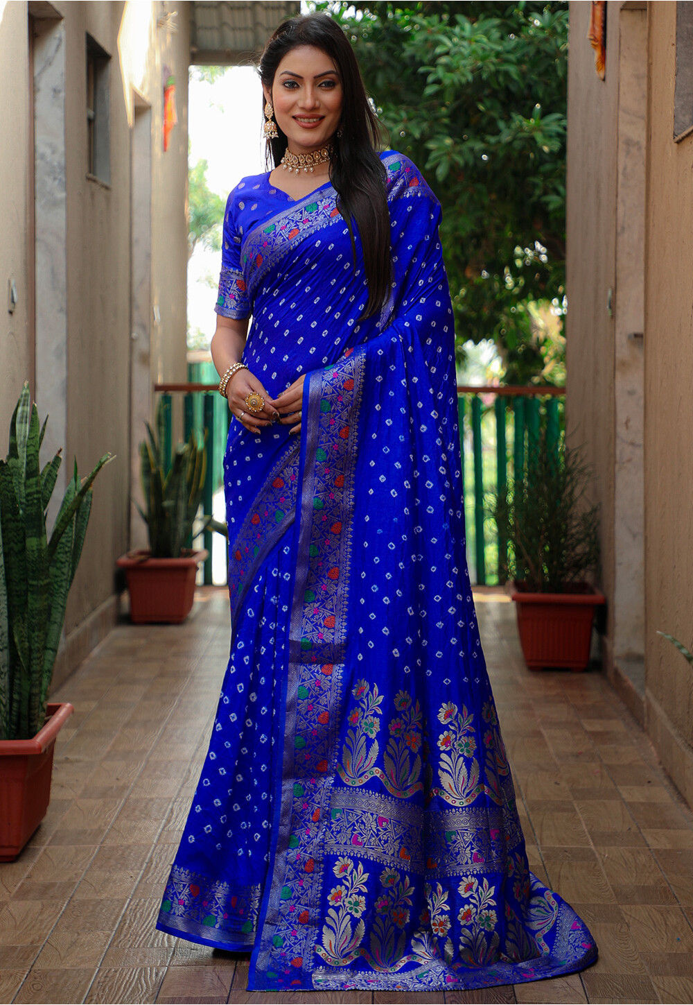 Traditional Blue Embroidered Kachhi Bandhej Sateen Saree
