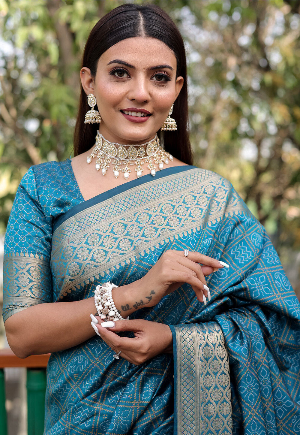 Bandhej Printed Art Silk Saree in Teal Blue